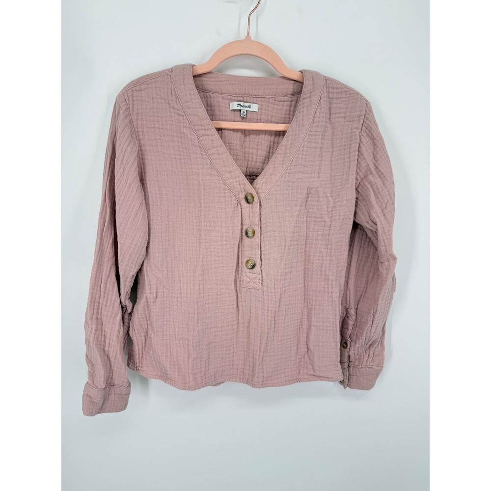 Madewell Double-Gauze Henley Top Women XS Mauve Pink Long Sleeve V-Neck Cotton